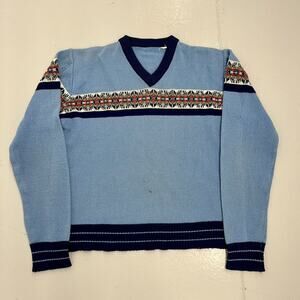Vintage 70s Blue Pattern Acrylic V-Neck Sweater